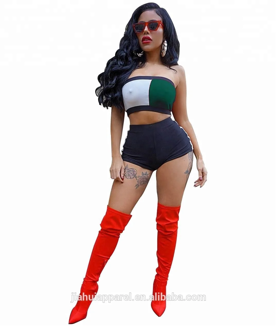 

2018 New Strapless Color Block Bodycon Top Short Two-piece Set women summer short sets, 4 colors