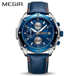Mens Watches Top Brand Luxury Megir 2074 Sport Men Watch Quartz Leather Strap Blue Wristwatch Waterproof relogio masculino