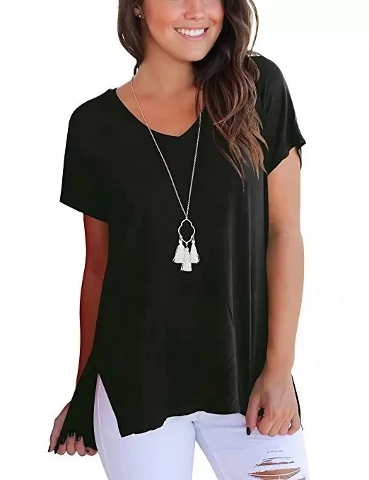 

F4 Comfortable Casual Loose High Quality Women Irregular T-shirt ladies top Side Split V-Neck Short Front Long Back Tops, N/a