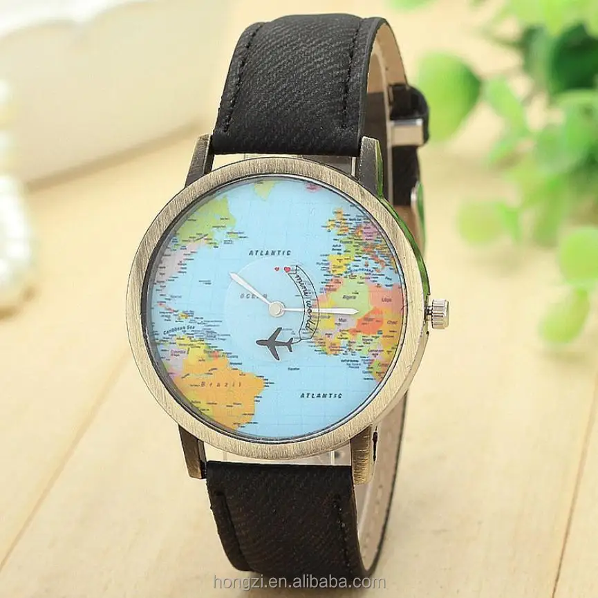 

Fashion Global Travel By Plane Map Denim Fabric Band Watch Women 7Colors Women Dress Watches, N/a