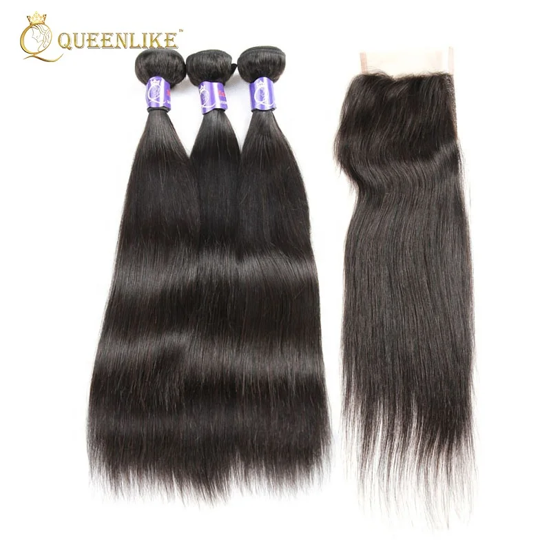 

Raw straight virgin human peruvian hair bundles with closure, Natural color or as your request