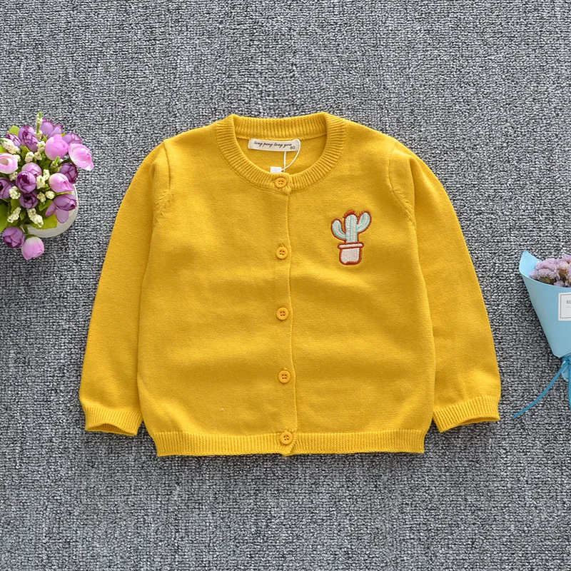 

Wholesale Baby Girls Knitted Cardigan Sweater Cactus Embroidery Cotton Children Sweater, 9 colors for choose