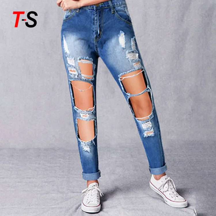 

Custom high quality cotton casual straight broken hole loose ripped denim jeans for women, Customized color