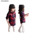 ActhInK 2016 New Kids Spring Plaid Blouses for Girls Trench Style Girls Turn down Collar Long