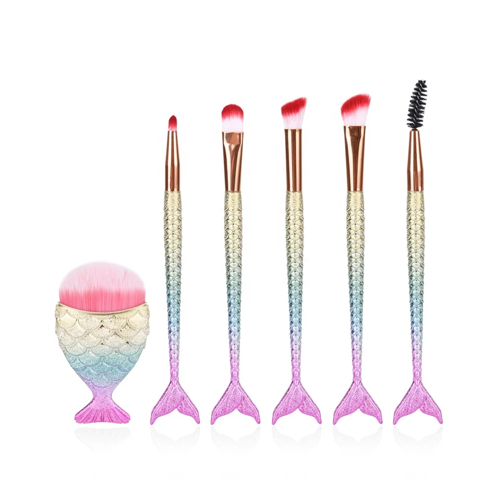 

6 Piece Rainbow Colorful Bling Bling Mermaid Handle Plastic Makeup Brush