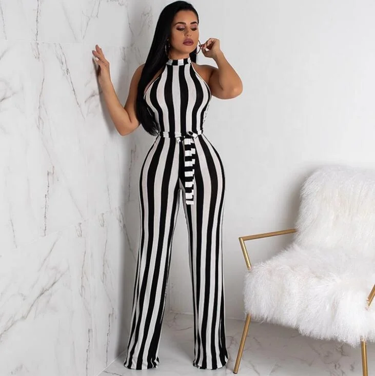 

2019 New Designs Stripes Knitting Wide Leg Sleeveless Belt Jumpsuit Sexy Rapped Chest High Waist Romper, As picture