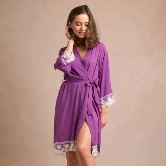 

Factory price purple color cotton rayon bridesmaid lace robe as gift, White/pink/champagne/black/purple/blue