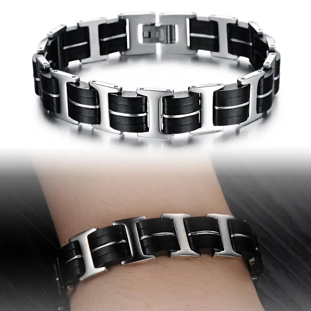 

Cool Black Mens Leather Bracelet Jewelry, Fashion Leather Bracelets With Magnetic Clasp