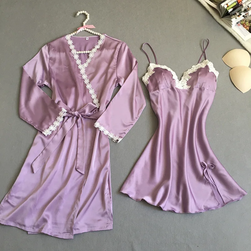 

Summer Autumn Women Silk Nightdress 2 pcs Set of Robe & Nightgown Lady Sexy Pajama Dress Female Twinset of Sleepwea, Picture