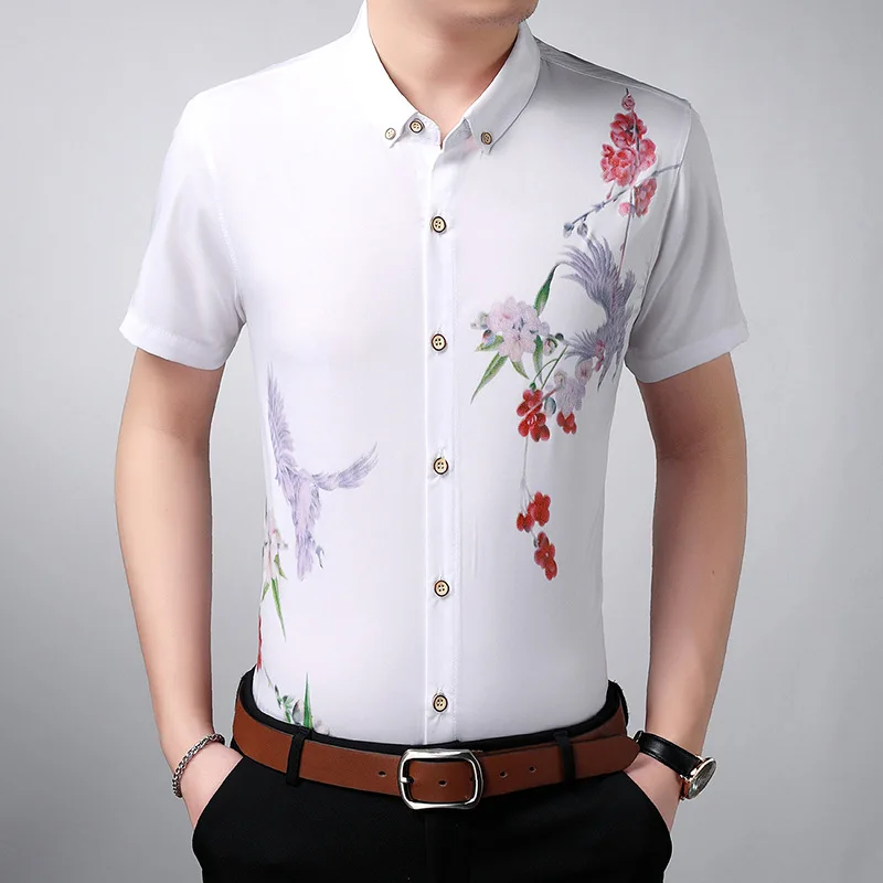 

Hot sale latest summer short sleeve flower and bird print cool boy slim fit cotton man blouse shirt