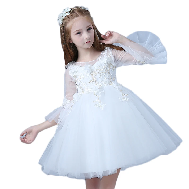 

2018 Children clothing baby girls school stage performance clothes Sleeve shining Fluffy dress sexy flower purple dresses, White