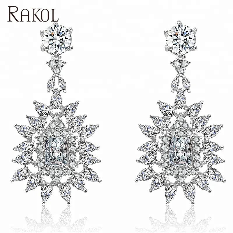 

RAKOL luxury design rose gold big cubic zirconia drop dangle CZ bridal earrings E2143, As picture