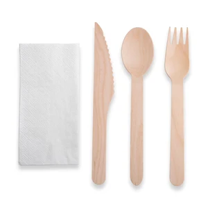 Image of DSYP01 16cm Disposable Knife Fork Spoon Set Brown Paper Bag Includes Napkin Biodegradable Wood Cutlery