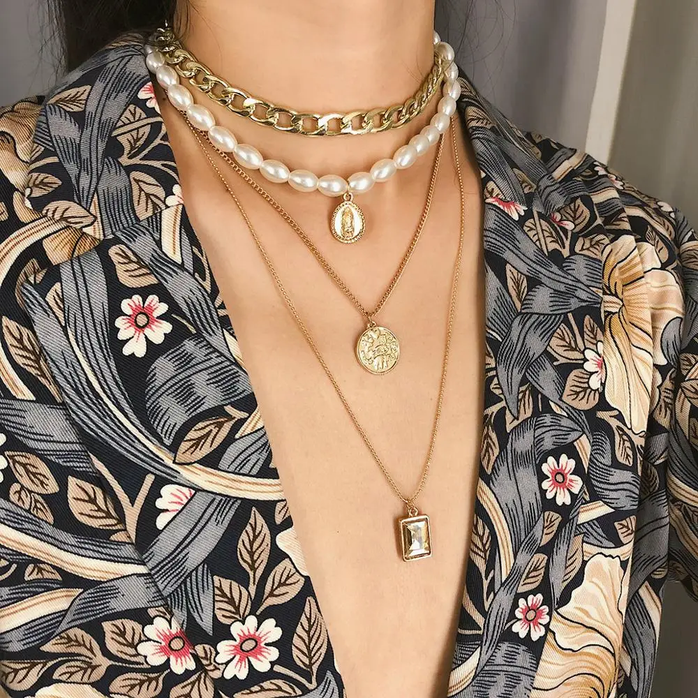 

Boho Jewelry Gemstone Pearl Multi Layered Bohemian Retro Coin Casual Necklace Custom Metal Gold Chain Choker Necklace Kolye, Picture