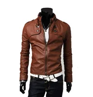 

Korean Mens Standing Collar Slim Leather Jacket Locomotive PU Jacket