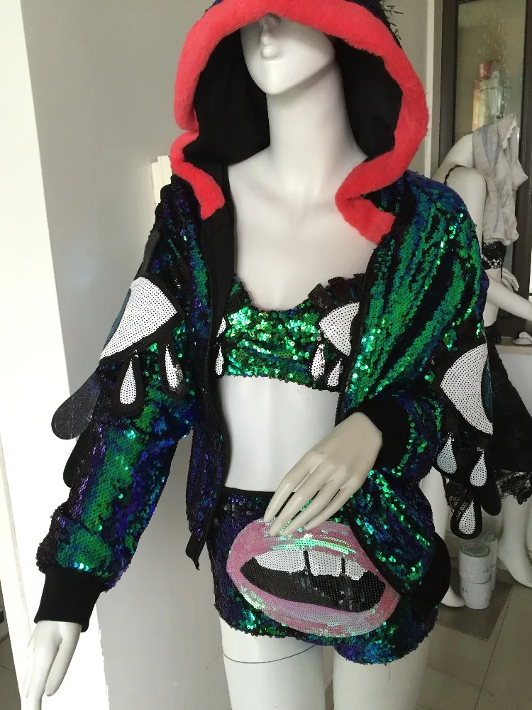 

M1078 Runwaylover ladies stylish cartoon eye long sleeve paillette sequins hooded jacket coats flight jacket bomber jacket