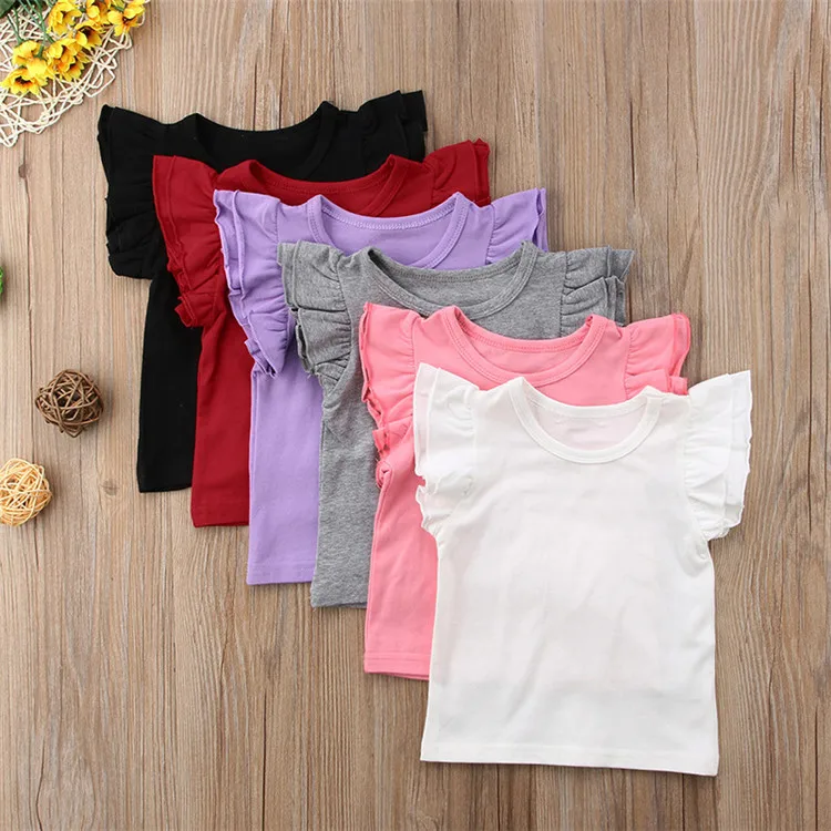 Solid Baby Girl Tshirt 100 Cotton Children Red Ruffles Sleeve Tops