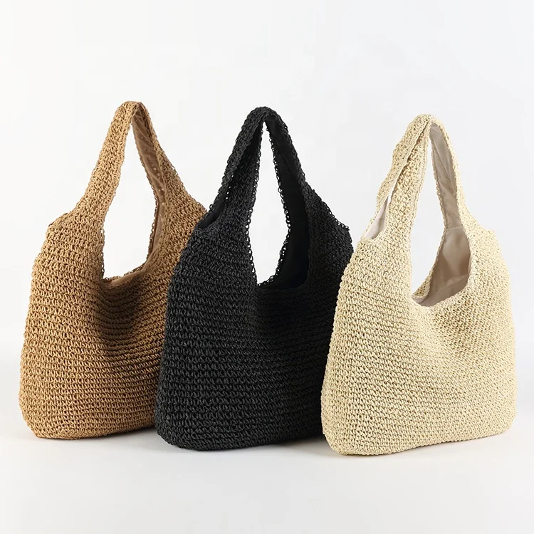 

2021 Wholesale Summer Women Lady Simple Hand Crochet Paper Straw Beach Tote Bag