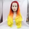 Professional Hair Supplier Red Ombre Yellow Color Synthetic Lace Front Wigs Cheap Price