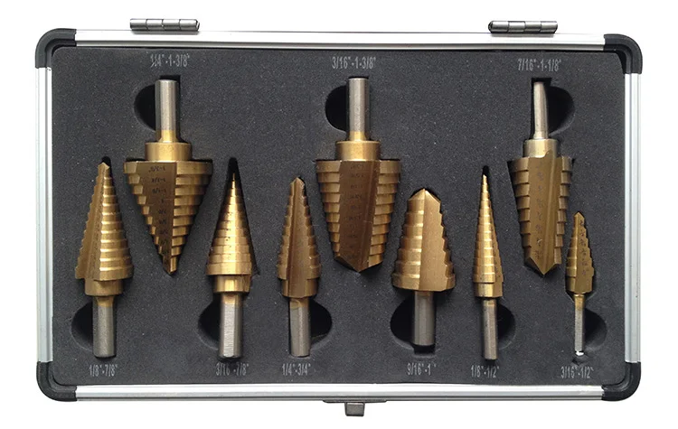 9Pcs Inch 3 Flats Shank Straight Flute Titanium HSS Step Drill Bit Set for Metal Tube Sheet Drilling in Aluminum Case