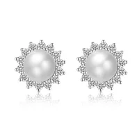 

925 Sterling Silver Classic Round Sparkling CZ Fresh Water Pearl Stud Earrings for Women Sterling Silver Jewelry