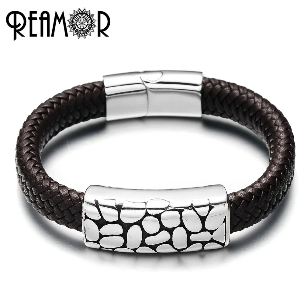 

REAMOR Men Irregular 316L Stainless Steel Bead Wide Braided Leather Rope Cuff Bracelet With Magnet Clasp