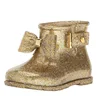 New arrival fashion cheap gold glitter bow ankle boots children pvc transparent rain boots for children