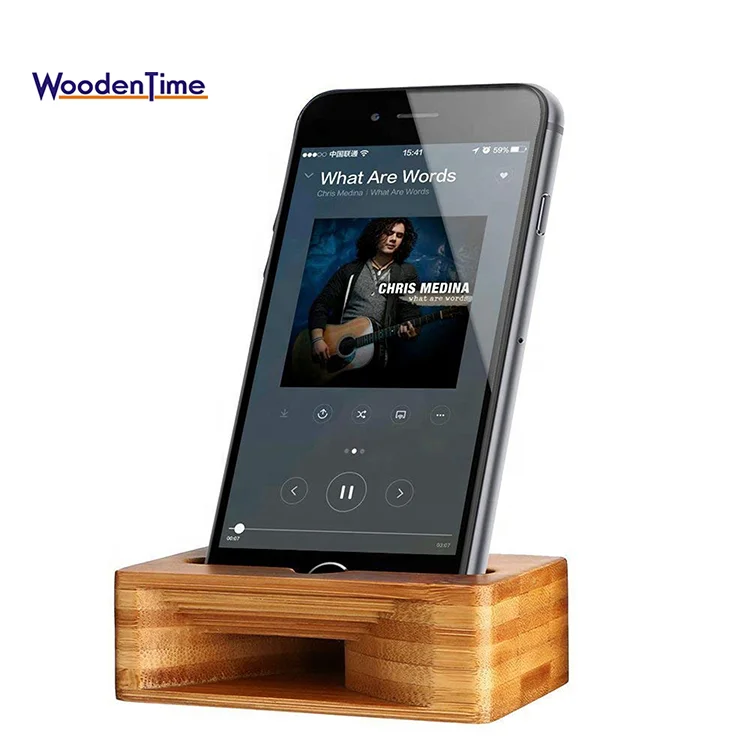 HQ-J101 Natural acoustic bamboo wooden cell phone sound active speaker amplifier stand holder speaker for iPhone