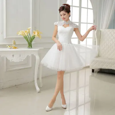 

Q051 New Style 2019 Short Homecoming Dresses Lace White Prom Evening Dress High Neck Cap Sleeves Mini Bridesmaid Wedding Dress, White as pc