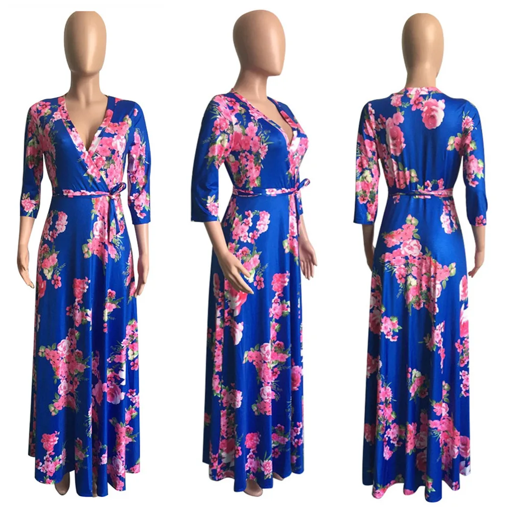 

2019 Fashion Chinese Style Floral Print Lace Up Tie V-Neck Maxi Dress With Sash, Multicolor