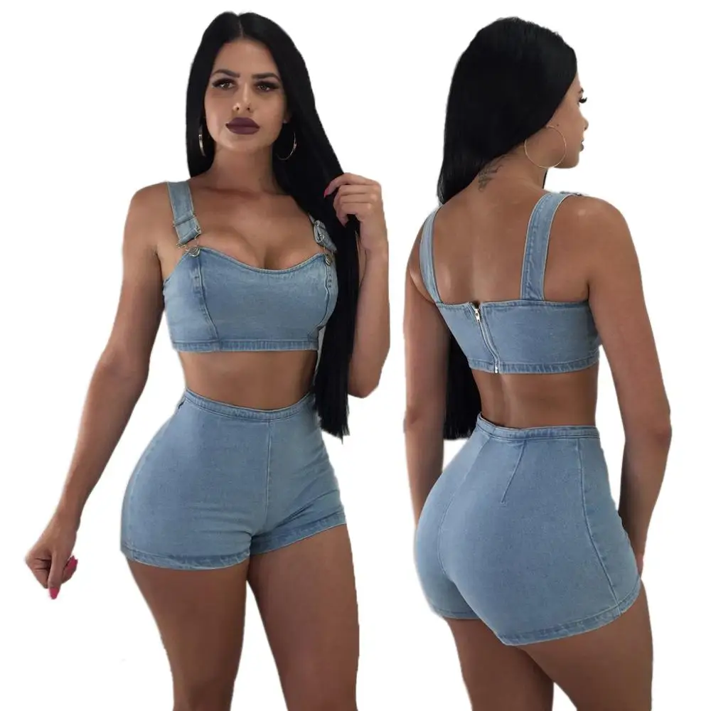 

8990 strap crop top shorts sexy denim xxx 98 jeans rompers two piece set, Blue