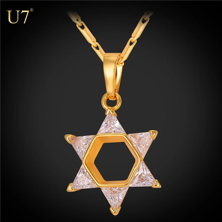 

U7 AAA+ Cubic Zirconia 18K Gold Plated Israel Jewelry Jewish Star of David Necklace Women