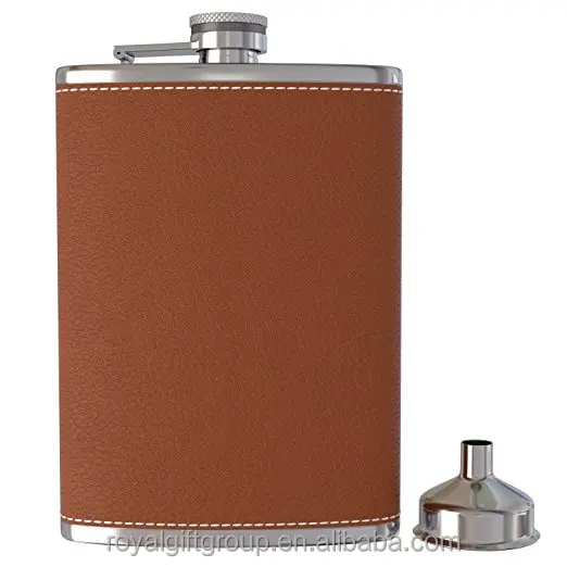 

8 Oz Brown Leather Wrapped Pocket Hip Flask with Funnel Fits any Suit for Discrete Liquor Shot Drinking, Brown leather wrapped cover