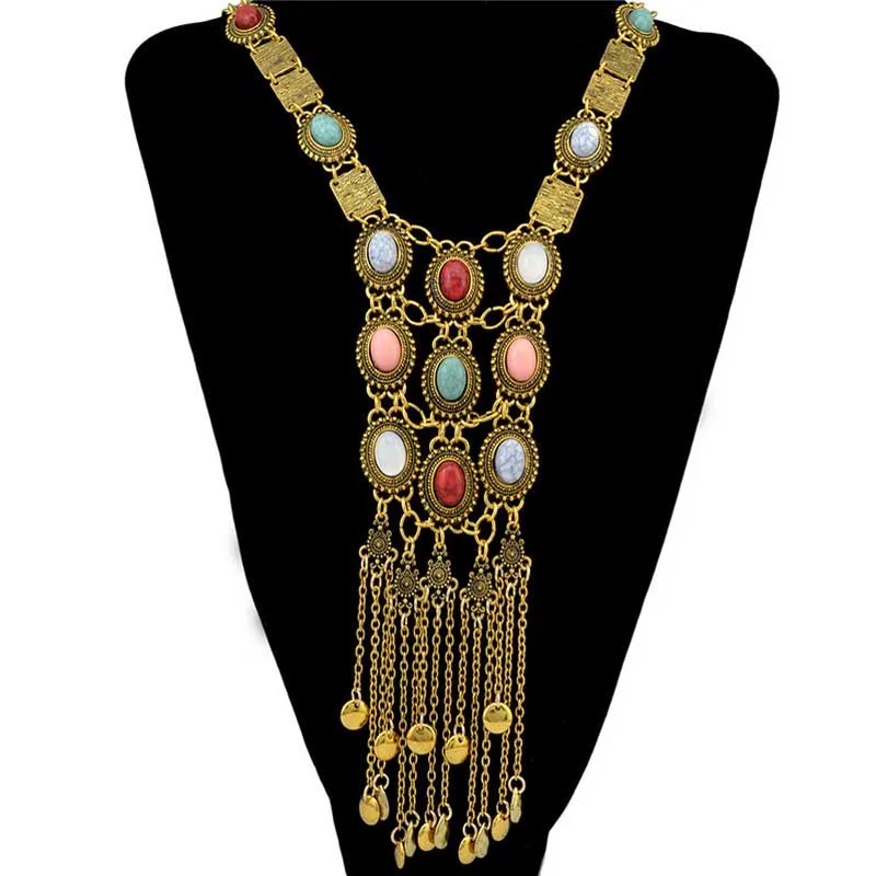 

Vintage Bohemian style exaggerated turquoise long alloy necklace, As picture