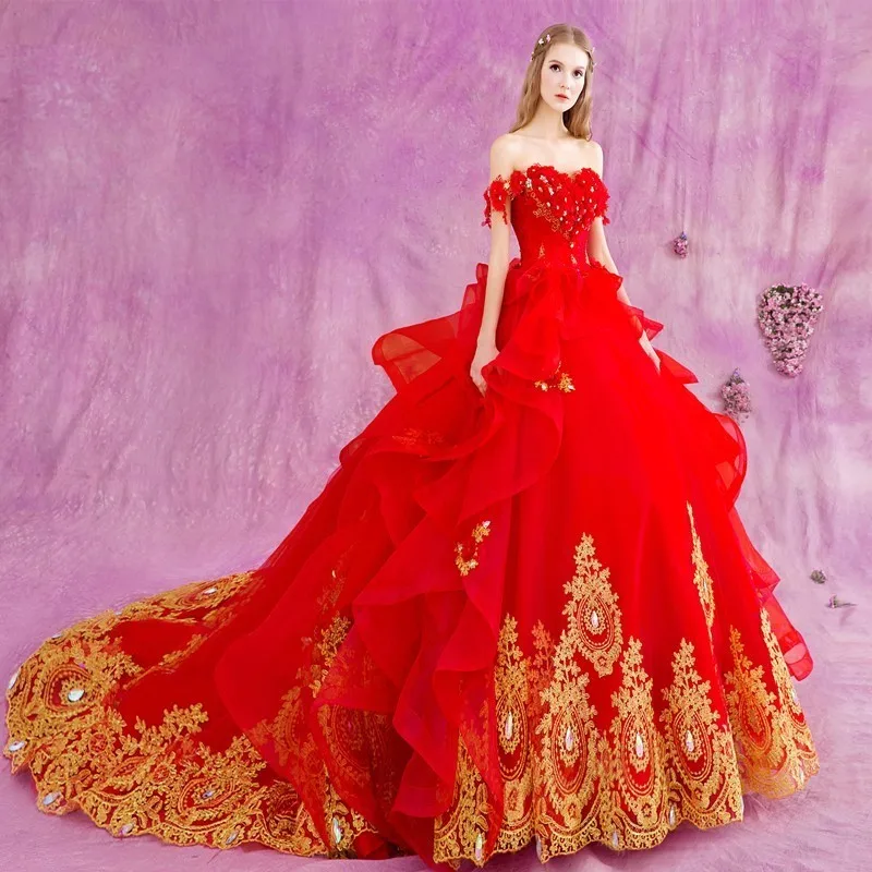 

FA76 trajes de novias Gothic Red Ball Gown Princess Wedding Dresses with Gold Lace Appliques Crystal vestidos de casamento, Default or custom