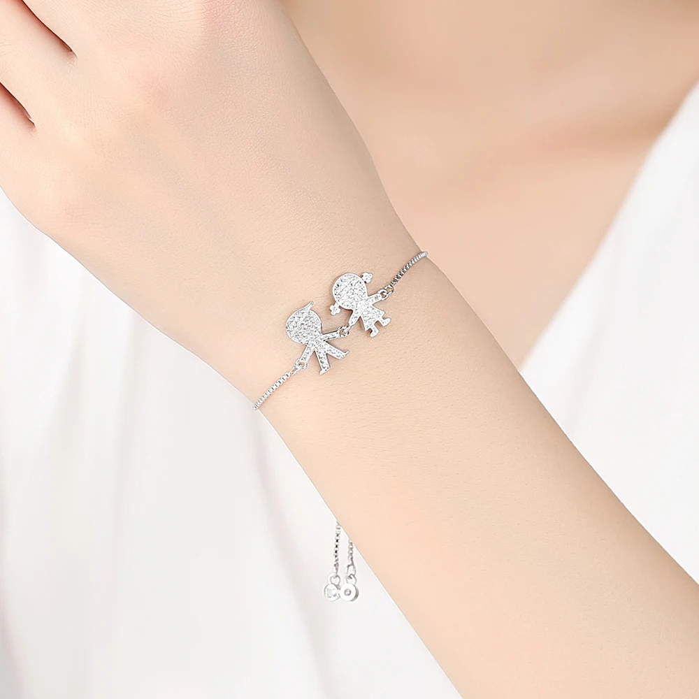 Estilo Europeo Micro Crystal Pave de chico y Chica mano en mano encanto pulsera de Día de San Valentín