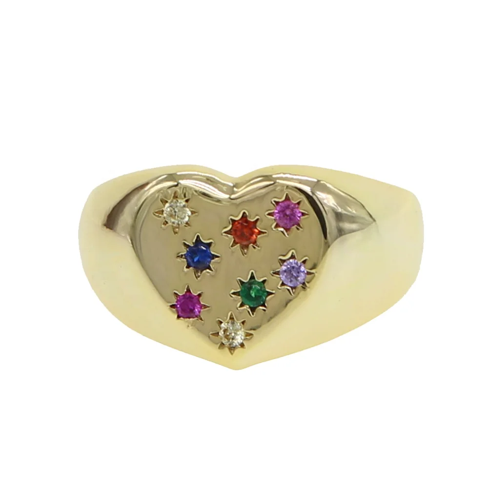 

rainbow colorful cz gold plated 2019 fashion starburst heart signet ring, Customized