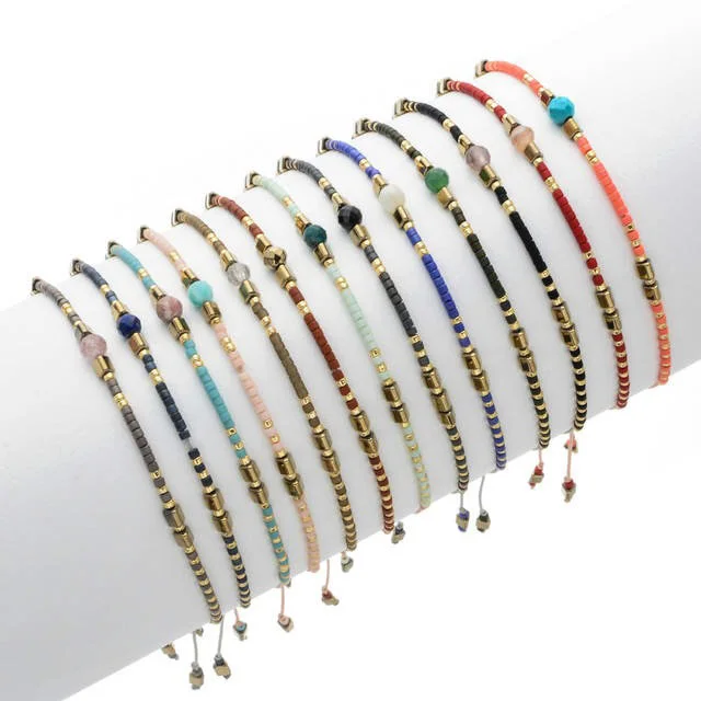 

Cute Thin Vintage Ethnic Statement Jewelry Gift Handmade Crystal Sead Beads Stone Women Bohemian Rope Bracelet, As pictures