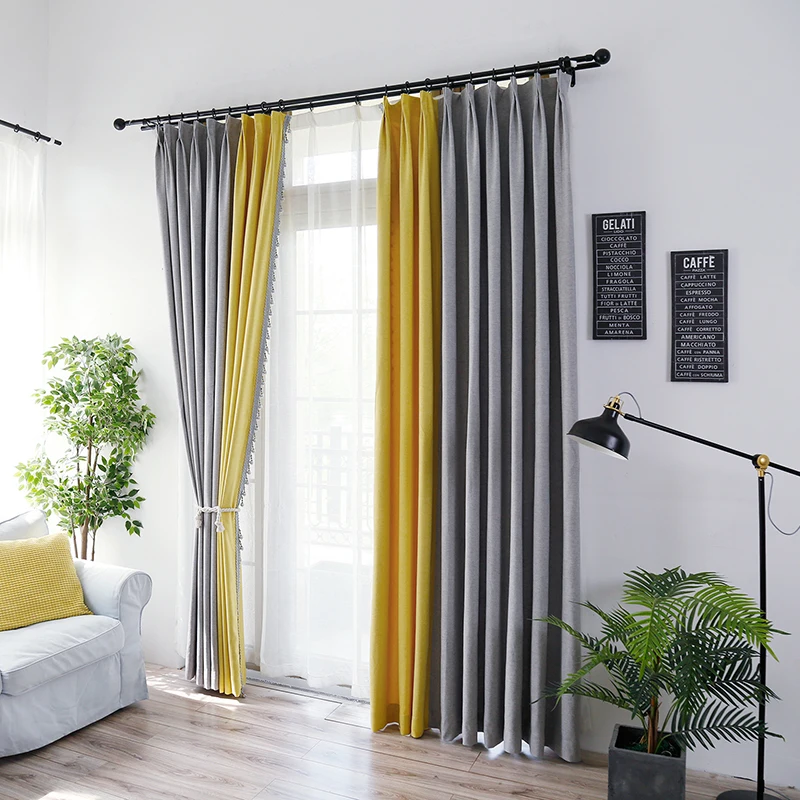 

Wholesale Yellow and Grey Two Color Thick Plain Window Curtain Grommet Full Light Shading Solid Curtain