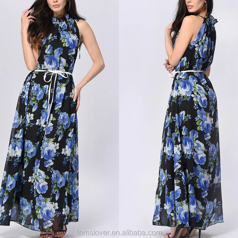 

Top Selling Bohemian Beach Longuette Chiffon Rose Flower Fancy Dress Smocking Halter-Neckline Boho Dress With Belt, Blue;black;red