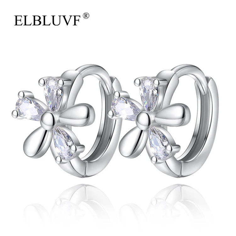 

ELBLUVF Free Shipping Women 925 Sterling Silver Plated Alloy Copper Zircon Jewelry Flower Earrings, White gold