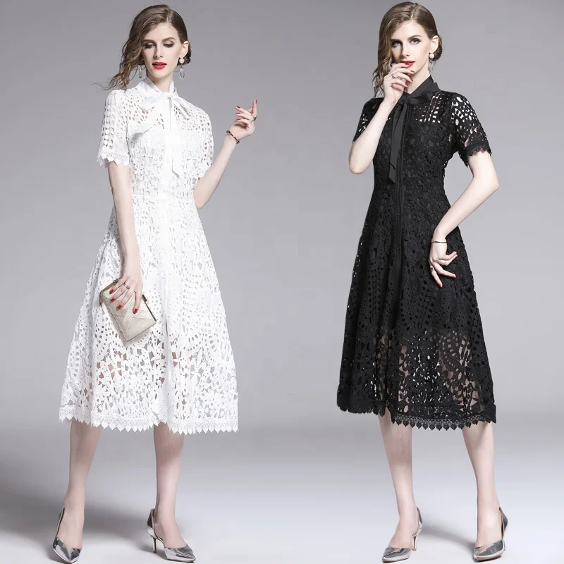 Wholesale European and American Women Fashion 2019 Vintage Black Maxi Lace dress