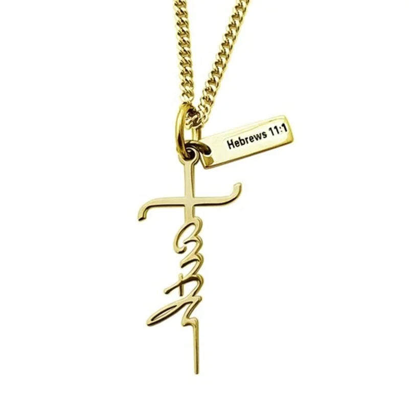 

Stainless steel faith cross necklace Hebrews 11:1 scripture pendant religious necklace custom 18k real gold necklace jewelry, Custom colors accepted