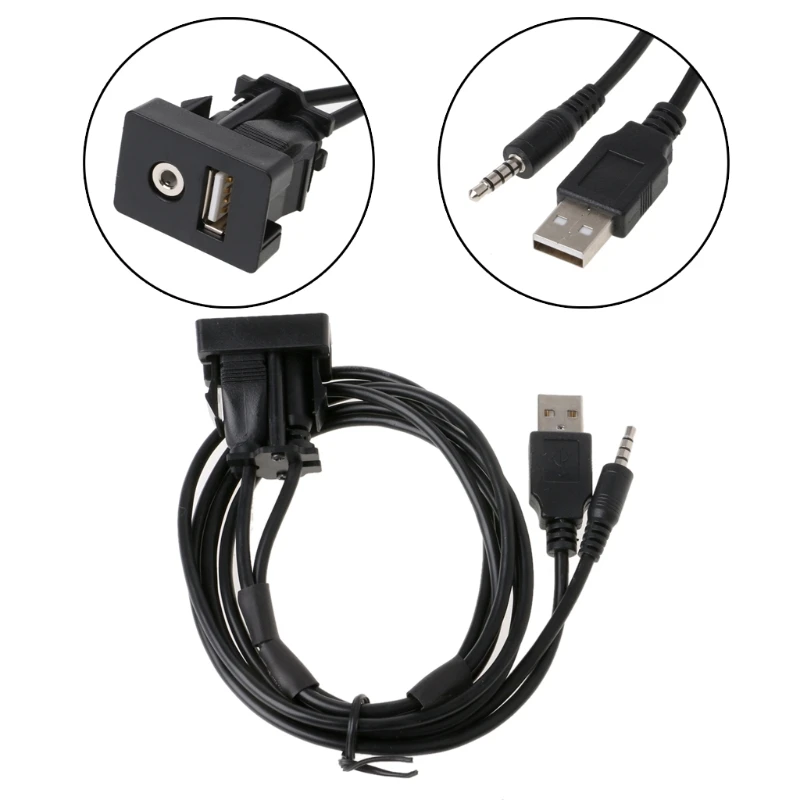

1M Car Boat Dash Flush Mount USB Port 3.5mm AUX USB Extension Cable Lead Mounting Panel Headphone Male Jack Flush Mount Adapter