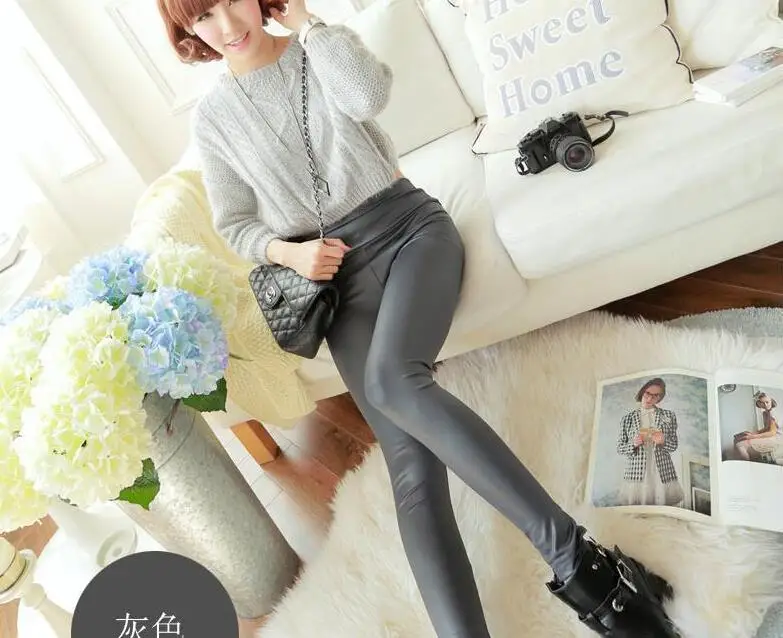 Women Imitation Sex Leather Leggings High Waist Elastic Material Pencil