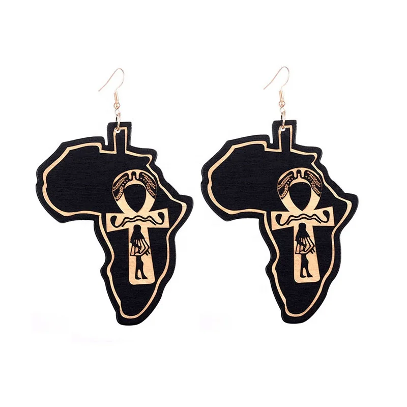 

Laser Cut Natural Wood Africa Map Outlines Ankh Crown Queen Rock Earrings Vintage Party Club African Jewelry Wooden DIY, Picture