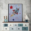 Cartoon kids rocket with stars led lights canvas wall art painting with clock light up for kids bedroom giclee printed framed