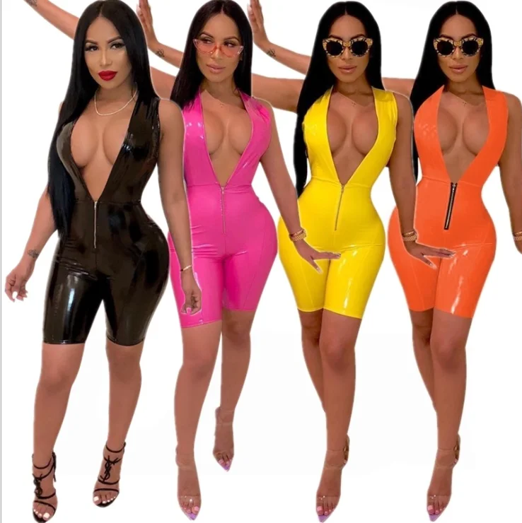 

Plunging Neck Sexy Pu Leather Lady Short Romper Jumpsuit, Black, pink, yellow, orange