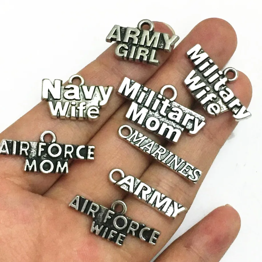 

Mixed 80pcs Antique Silver Plated Navy Army Air Force Marines Military Mom Themed Letter DIY Pendants Charms Collection