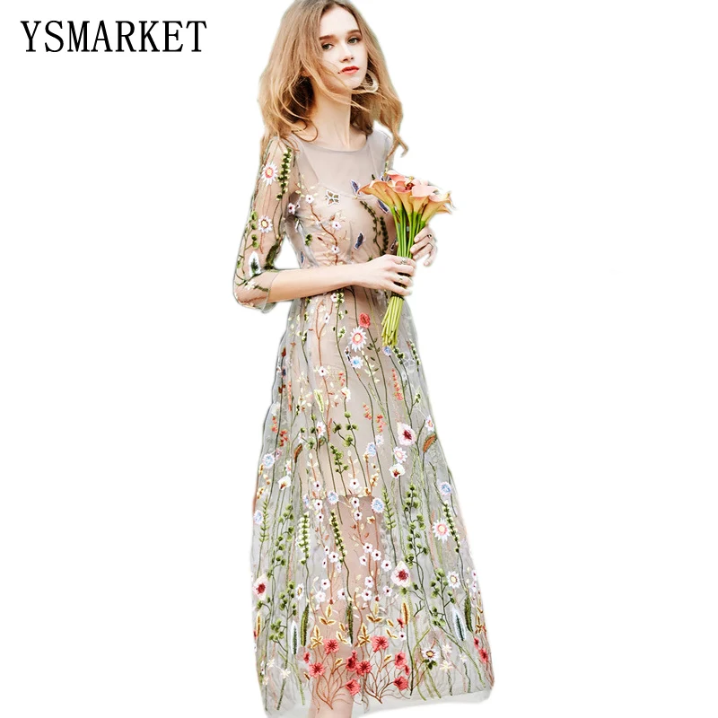 

YSMARKET Women Party Embroidery Dresses Runway Floral Bohemian Flower Embroidered Vintage Boho Mesh Embroidery Dresses, N/a